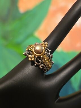 Stunning Barbara Bixby 925 Sterling & 18K Gold Yellow Sapphire & Pearl Ring